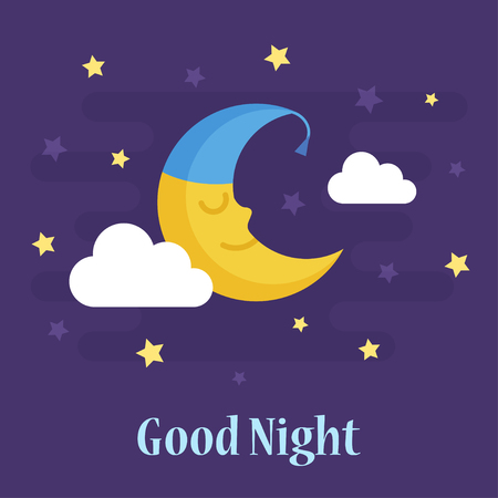 Cute crescent moon in nightcap sleeping and smiling among white clouds with good night lettering. Vector flat style cartoon illustration on dark starry backgroundのイラスト素材
