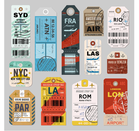 Baggage tag set, checks or luggage ticket for passenger on final destination. Bus, train, and airline trip. Vector flat style illustration isolated on grey backgroundのイラスト素材
