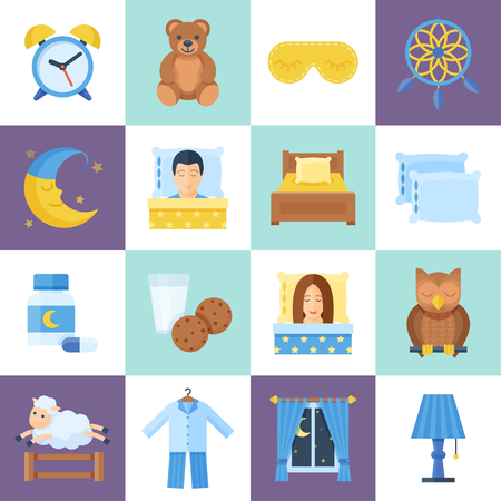 Sleeping time object set, cute good night images, sweet dreams, healthy rest without insomnia. Vector flat style cartoon illustration isolated on white backgroundのイラスト素材