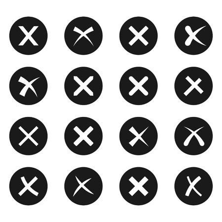 Cross signs, X on black icon set, brusch stroke web design element, wrong choice mark, negative answer. Vector flat style illustration isolated on white backgroundのイラスト素材