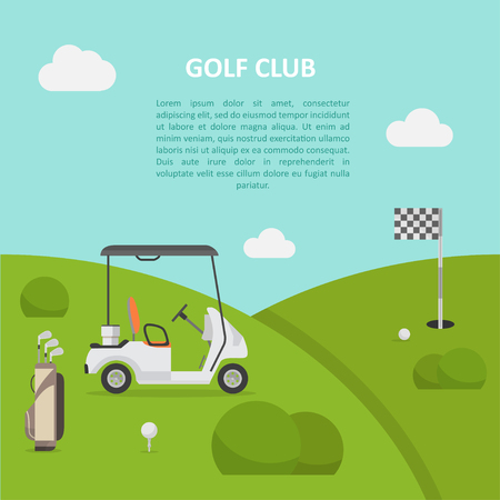 Golf club green field and cart, active sport, tournaments, rich entertainment, architecture and design of parkland-style course. Vector flat style cartoon illustrationのイラスト素材