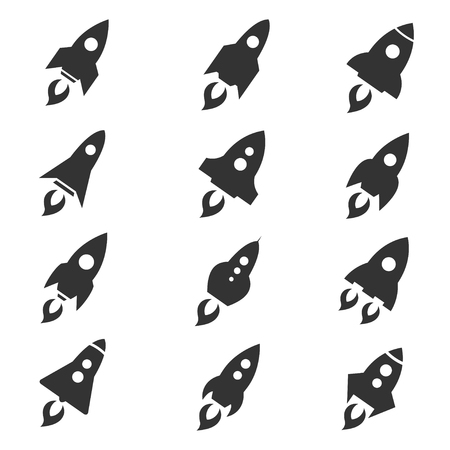 Rocket icon set. Space craft silhouette, black vehicle, future project and startup, Vector flat style cartoon illustration isolated on white backgroundのイラスト素材
