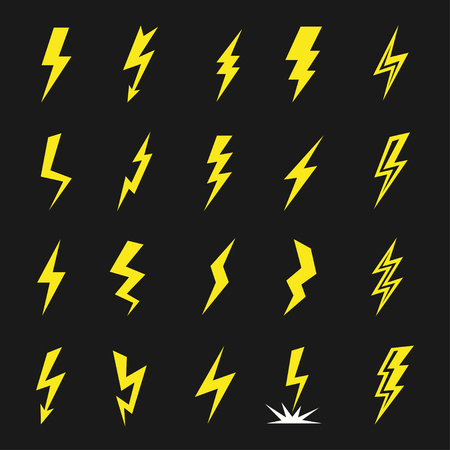 Lightning strikes icon set. Yellow thunder, dramatic weather phenomena, fast flash, extremely quick action. Vector flat style illustration isolated on black backgroundのイラスト素材