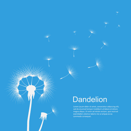 Dandelion on blue template poster with copyspace. Flower in the wind, waving gently, motion image of seeds float away. Vector flat style illustration on sky backgroundのイラスト素材