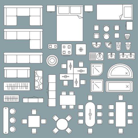 Furniture top view architecture plan. Home and office graphic design, apartment technical drawing. Vector flat style illustration isolated on grey backgroundのイラスト素材