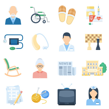 Nursing home cartoon set. Care packages and duties brochure images, entertainment and modern clinic facilities. Vector flat style cartoon illustration isolated on white backgroundのイラスト素材