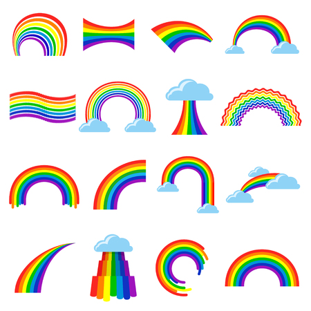 Rainbow icon and pictogram set: Seven-colour bright image in the sky with clouds, symbol of LGBT pride vector flat style illustration, isolated on white backgroundのイラスト素材