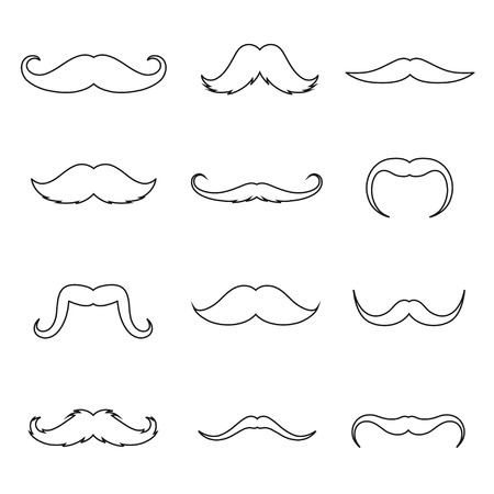 Mustache outline thin art set. Male trimming and styling, barbershop image, hipster nice look. Vector flat style illustration isolated on white backgroundのイラスト素材