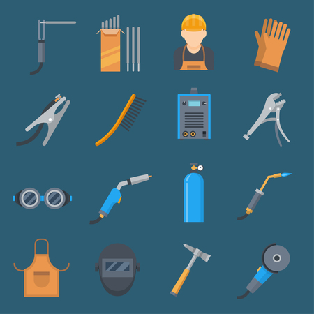 Welding cartoon set. Technology and steel application, service and indusrty. Vector flat style illustration isolated on white backgroundのイラスト素材