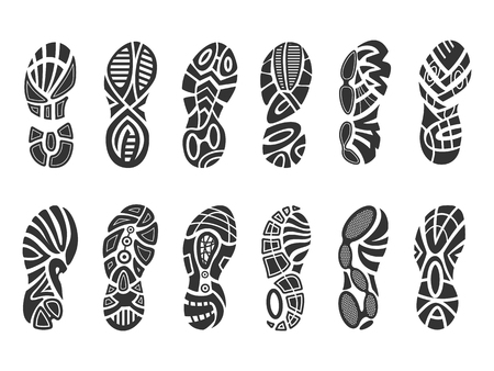 Shoes imprint set. Human footwear black track, sport and hiking trace. Vector flat style illustration isolated on white backgroundのイラスト素材