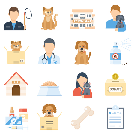 Animal shelter set. Adopting a homeless pet poster, volunteering with dogs and cats. Vector flat style illustration isolated on white backgroundのイラスト素材