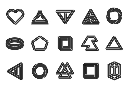 Impossible shapes set. Geometric optical illusion figures, two-dimensional image, human mind interpret trick. Vector flat style illustration isolated on white backgroundのイラスト素材