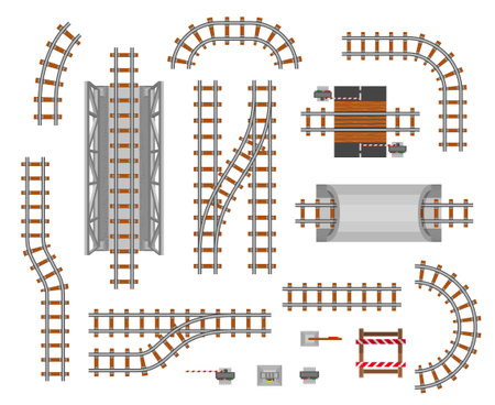 Railroad platform and wagon. Train pathway section, passengers transferring track, business way perspective. Vector flat style illustration isolated on white backgroundのイラスト素材