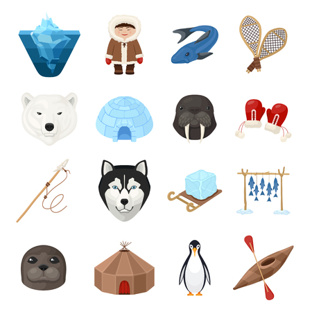 Chukchi cartoon set. Indigenous people, reindeer herding, sea mammal hunting culture. Vector flat style cartoon illustration isolated on white backgroundのイラスト素材