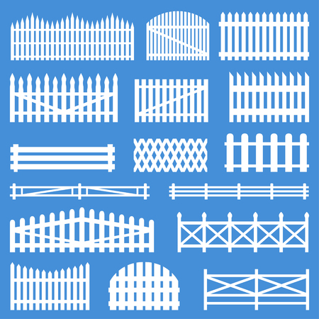 Rural wooden fences. White village pattern barrier, sheep and cattle picket, yard decoration element. Vector flat style cartoon illustration isolated on blue backgroundのイラスト素材