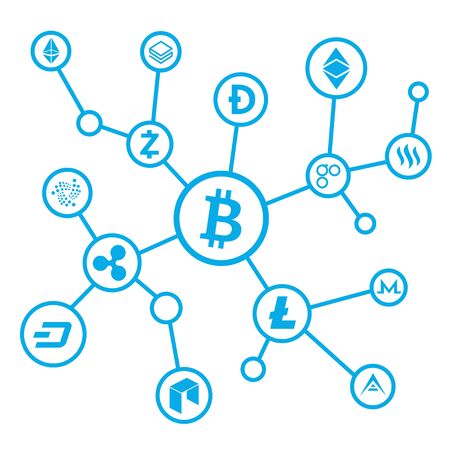 Bitcoin net background. Innovative, digital currency and payment network. Cryptocurrency exchange, sell and buy. Vector flat style cartoon illustration isolated on white backgroundのイラスト素材