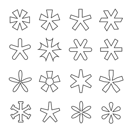 Asterisk line icon set. Printing, writing reference mark, an indication symbol, pointer to an annotation or footnote. Vector line art illustration isolated on white backgroundのイラスト素材