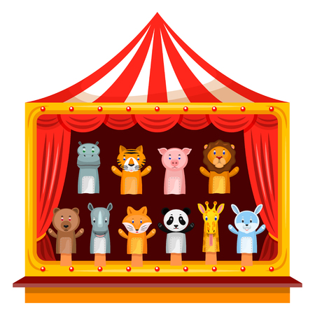 Puppet show theatre. Kid attraction, entertainment and fun play with puppet performers. Vector flat style cartoon illustration isolated on white backgroundのイラスト素材