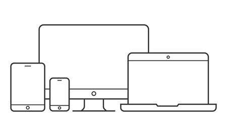 Device and gadget line art set. Laptop, smartphone, modern portable and compact personal computer machines for home and office work. Vector line art illustrationのイラスト素材