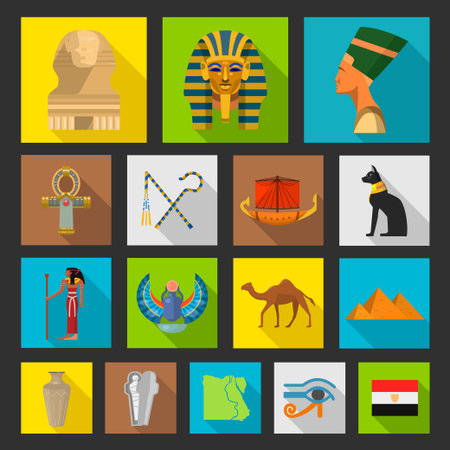 Egypt travel icon collection. Explore Egypt poster, holidays to discover Cleopatra, pharaohs, pyramids, tombs, mummies and treasures. Vector flat style cartoon illustrationのイラスト素材