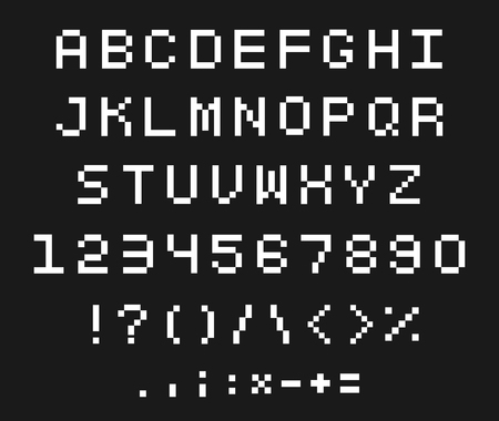 Pixel font set. Letter and numeral units of a digital image or graphic for computer display. Vector flat style cartoon illustration isolated on black backgroundのイラスト素材