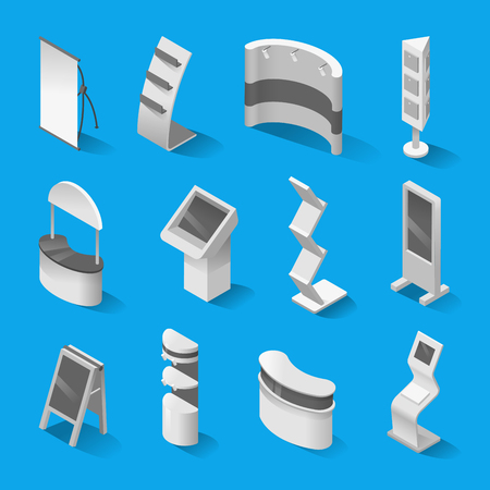 Exhibition promotion stands isometric set. Advertising tool for product sales, business equipment collection to show product, brand or service to the userのイラスト素材