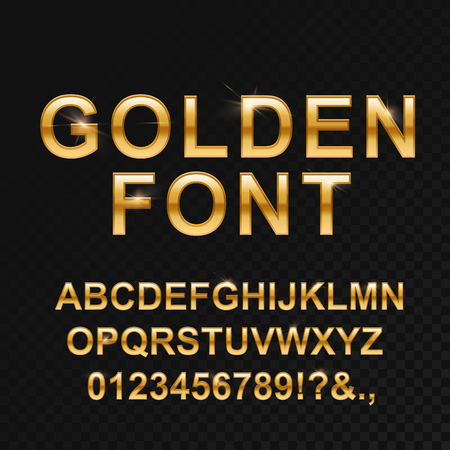 Golden glossy font on black. Set of characters, figures in shiny and smooth design, bright yellow luxury colour. Vector illustrationのイラスト素材