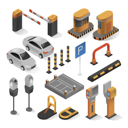 Isometric parking elements. City outside area of ground to leave a car for a period of time, parking lot service center. Vector illustrationのイラスト素材