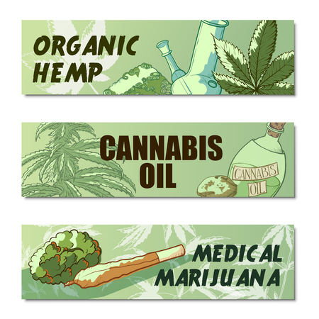 Marijuana banner set. Organic hemp, cannabis oil, medic marijuana posters. Vector flat style cartoon illustration isolated on white backgroundのイラスト素材