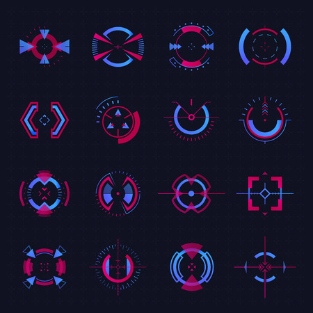 Futuristic sights on black. Modern technology and design vision elements, night eye aiming symbols on dark. Vector illustrationのイラスト素材