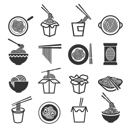 Instant noodles icon set. Precooked and dried noodle blocks, fast street delicious treat in a box. Vector line art illustrationのイラスト素材