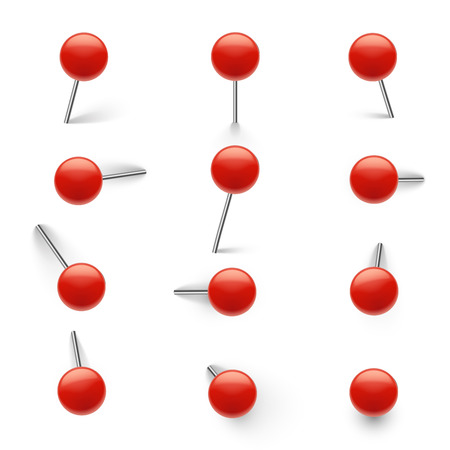 Realistic push pin set. Needles with a large red head to attach things. Vector flat style cartoon illustration isolated on white backgroundのイラスト素材