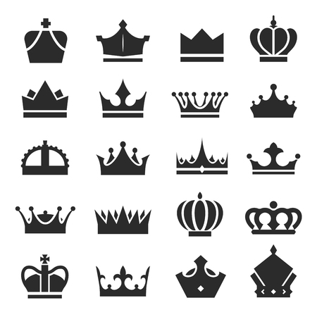 Royal crown icon set. Reward of victory, traditional symbolic monarch mark of honor black collection. Vector illustration on white backgroundのイラスト素材