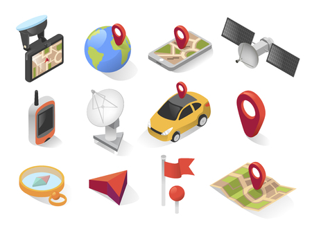 Gps navigation icon isometric. Automotive navigation system symbols, automobile controls elements. Vector illustration on white backgroundのイラスト素材