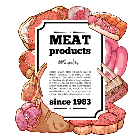Meat delicatessen banner. Bright advertising campaign banner for cold cuts, luncheon meats, cooked, sliced, cold and deli farm productのイラスト素材