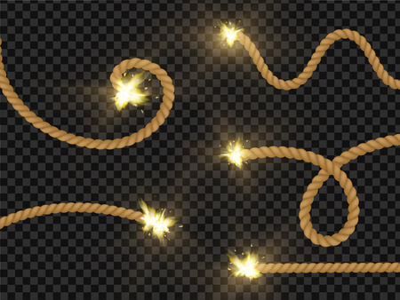 Realistic burning fire wick set on black. Long twisted, braided cord, tape producing flames, burns when it is lit, bomb or firework partのイラスト素材