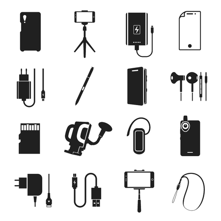 Smartphone accessories icon set. Cell phone accessories, batteries, headsets, cases, chargers. Vector line art illustration isolated on white backgroundのイラスト素材