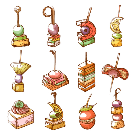 Canape fresh snack and delicious appetizer set. Appetizer with piece of bread, toast with a savory spread. Vector illustration isolated on white backgroundのイラスト素材