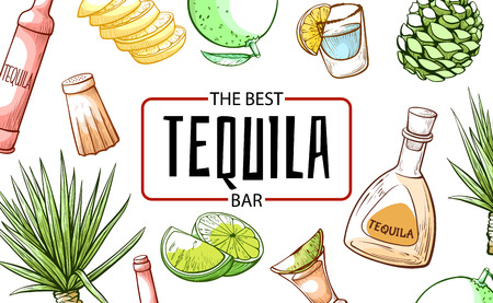Tequila the best refreshment bar and beverage banner. Distilled beverage and type of alcoholic drink made from the blue agave plant. Vector hand drawn illustration on white backgroundのイラスト素材
