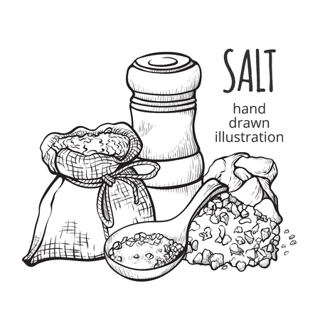 Salt in a sack hand drawn set. Natural ingredient used for seasoning or preserving food. Vector illustration on white backgroundのイラスト素材