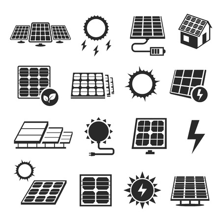 Solar panels technology, black and white icon set. Devices that convert light into electricity. Vector illustration on white backgroundのイラスト素材