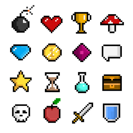 Pixel game icon set, computer and web interface. Digital art characters. Vector flat style cartoon illustration isolated on white backgroundのイラスト素材