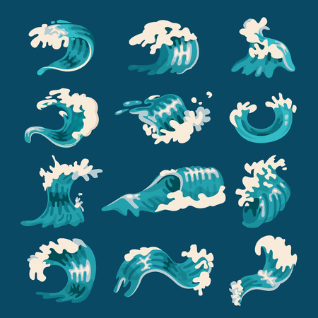 Ocean wave set, splash and marine elements. Water in move in a swaying motion. Vector flat style cartoon illustration isolated on blue backgroundのイラスト素材