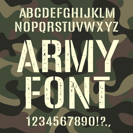 Military and army font, camouflage rough pattern. Assortment, set of type, letter and number characters. Vector illustrationのイラスト素材