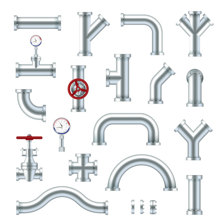 Steel pipes industrial set, different plumbing types. Engineering equipment. Vector flat style cartoon illustration isolated on white backgroundのイラスト素材