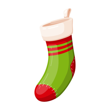 Christmas green and red sock for holiday presents. Traditional home decor. Vector flat style cartoon illustration isolated on white backgroundのイラスト素材