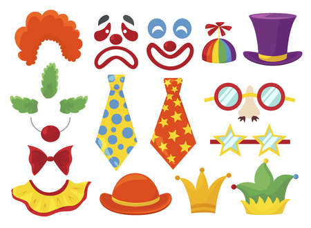 Clown props set, funny colorful booth elements. Masquerade and birthday costume. Vector flat style cartoon illustration isolated on white backgroundのイラスト素材