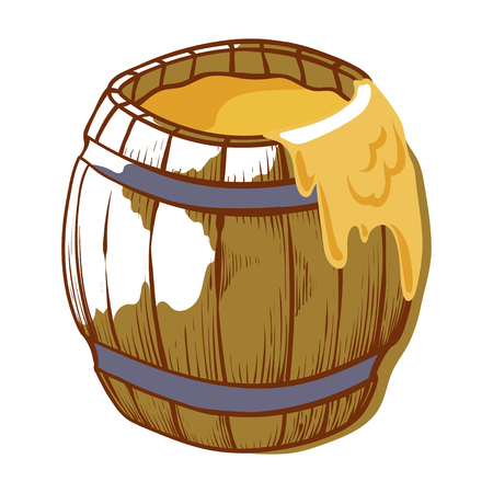 Barrel of healthy honey, full yellow pot. Delicious product. Vector flat style cartoon illustration isolated on white backgroundのイラスト素材