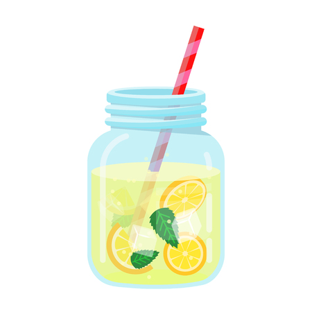 Refreshing fruit water in a glass jar. Citrus cold drink. Vector flat style cartoon illustration isolated on white backgroundのイラスト素材