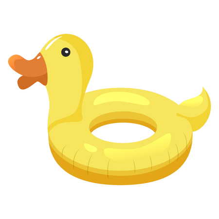 Kids swimming ring, yellow rubber duck. Safe water donut. Vector flat style cartoon illustration isolated on white backgroundのイラスト素材